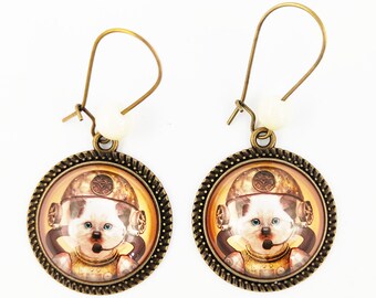 Steampunk cat dangling earrings bronze cabochon retro vintage microphone headset