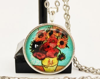 Necklace, Sunflowers, Van Gogh, cabochon, glass, round, silver-colored metal, jewel, gift idea, unique, birthday, Christmas