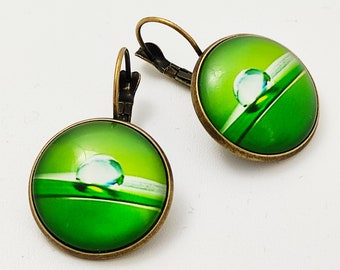 Water drop. Leaf. Nature. Sleeper dangling earrings or adjustable adaptable ring. Glass cabochon. Gift idea. Women