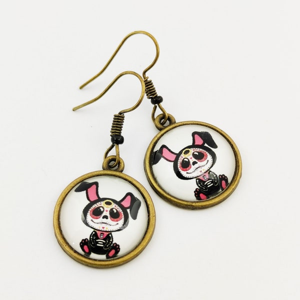 Boucles d'oreilles pendantes lapin, effrayant, "Skull", bijou, Halloween, rouge, blanc, noir, cabochon verre, fantaisie cadeau, tête de mort