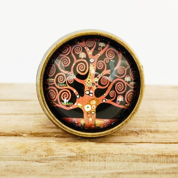 Bague ajustable réglable Arbre de vie cabochon bronze Spirales Gustav Klimt noir marron reproduction