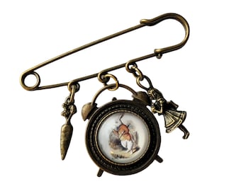 Brooches three models Alice in Wonderland bronze cabochon retro vintage white rabbit chic watch