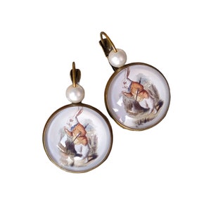 Alice in Wonderland sleeper oorbellen brons cabochon retro vintage wit konijn chic horloge verschillende modellen
