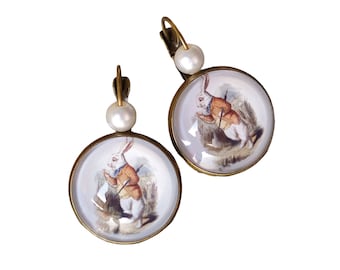 Alice in Wonderland sleeper earrings bronze cabochon retro vintage white rabbit chic watch different models