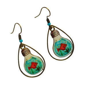 Dangling earrings drop bulb goldfish in its bronze enameled metal jar retro vintage humor