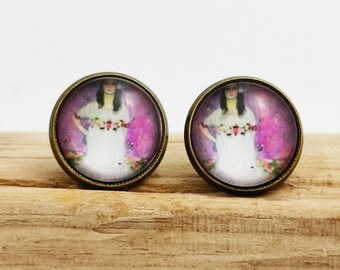 Earrings. Ear fleas. Portrait Mada Primavesi. Gustav Klimt. Small round glass cabochon. Gift idea. Christmas. Birthday