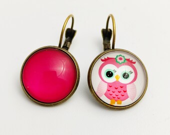 Kawaii owl sleeper earrings bead glass cabochon bronze retro vintage humor