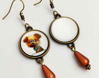 Boucles d'oreilles pendantes dépareillées chien chocolat mignon kawaï perle goutte cabochon bronze rétro vintage humour