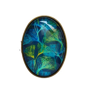 Adaptable adjustable ring tropical leaves, turquoise blue, green, glass cabochon, 50s style, gift idea
