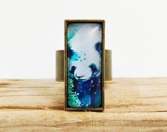 Adjustable adaptable ring Panda glass rectangle cabochon bronze painting art