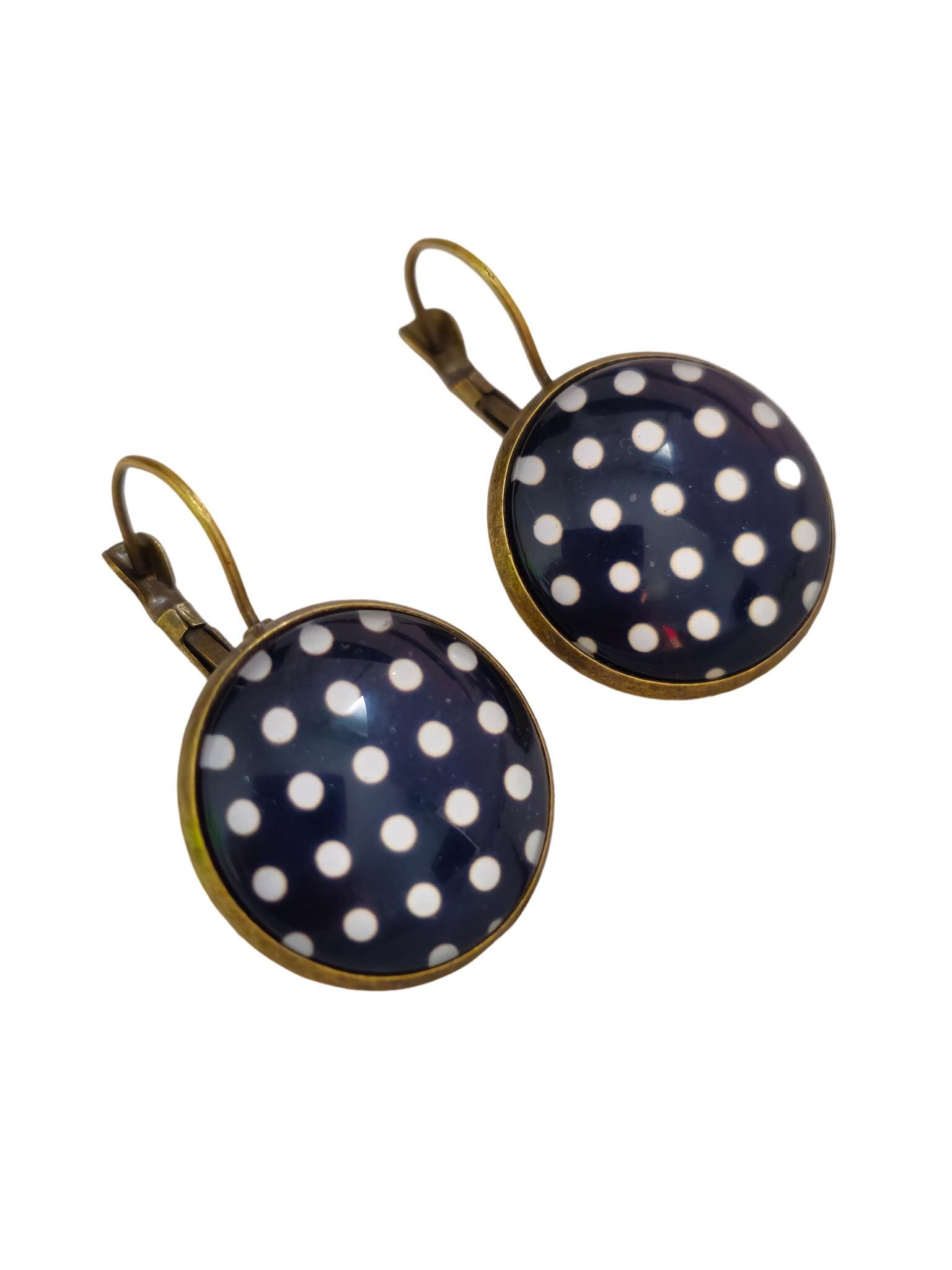 Boucles D'oreilles Pin-up Rétro - Clous à Cabochon De Verre, Couleurs Pois, Neuf Avec étiquettes
