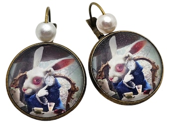 Dormeuses Brooch Ring Alice in Wonderland cabochon bronze retro vintage white rabbit watch