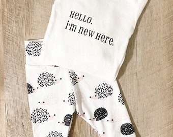 Hedgehog legging take home outfit hello I\u2019m new here custom onesie short gown drool bib knot hat