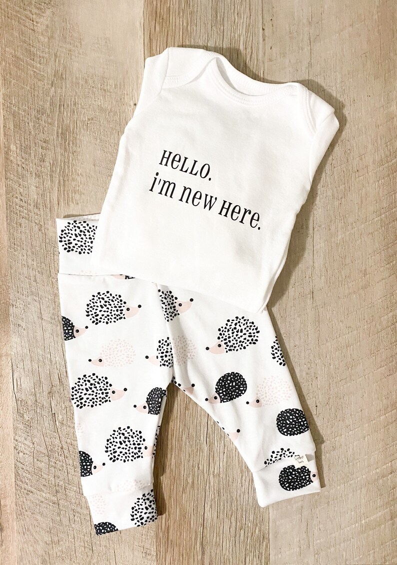 Hedgehog legging take home outfit hello I\u2019m new here custom onesie short gown drool bib knot hat