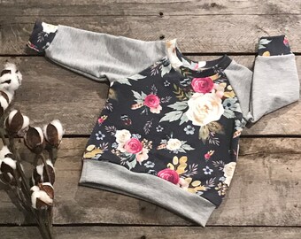 Navy floral raglan, baby girl sweatshirt, longsleeve top, organic baby clothes