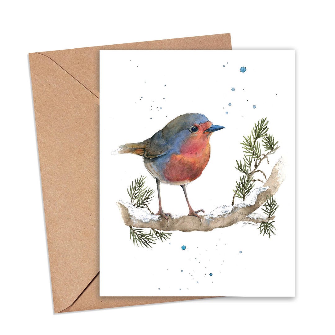 Watercolor Christmas Card : Robin on Snowy Branch, A2 Size, Blank ...
