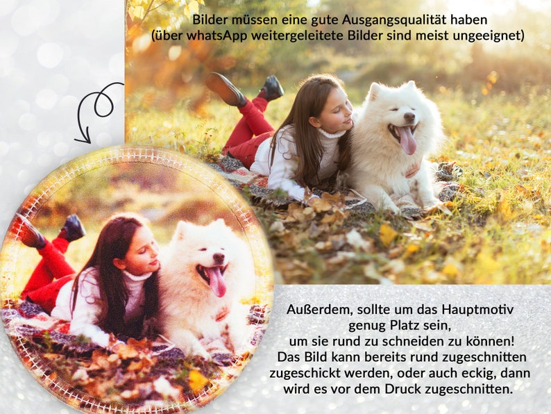 May include: A young person and a fluffy white dog are lying on a blanket in a field of autumn leaves. The dog has its tongue out. The image is circular with a stitched border. Text in German is also present.