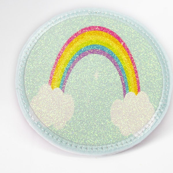Glitzer - Klett - Patch für Schulranzen - Regenbogen - personalisierbar mit Namen - auch als Anhänger oder Bügelpatch