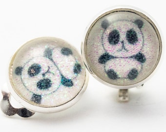 Earrings with real glitter - Panda optional as clip, brisures and ear studs great gift for children and adults