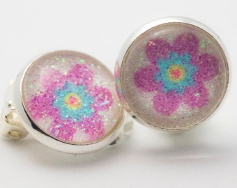 Earrings with real glitter - flower purple optional as clip, brisures and ear studs great gift for children and adults