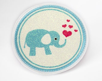 Glitzer - Klett - Patch für Schulranzen - Elefant blau - personalisierbar mit Namen - auch als Anhänger oder Bügelpatch