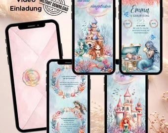 Invitation Video Mermaid, Editable Birthday Invite Template, Digital Kids Party Invitation, Personalized Canva Invite