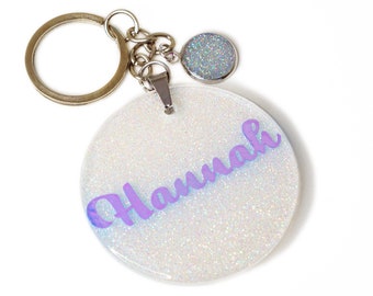 Keychain Personalized with Name - Rainbow Glitter White - Great Gift - Pendant - Nursery Backpack and School Ranches