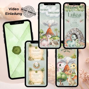 Könnte beinhalten: Eine Sammlung digitaler Einladungsvorlagen, die auf Smartphones angezeigt werden. Die Designs zeigen Aquarellillustrationen von Dinosauriern, Vulkanen und Text auf Deutsch. Eine Vorlage ist eine Einladung zu einer Geburtstagsfeier. Das Bild enthält auch eine Videoeinladung.