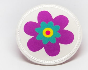 Stoff - Klett - Patch für Schulranzen - Blume lila - personalisierbar mit Namen - auch als Anhänger oder Bügelpatch