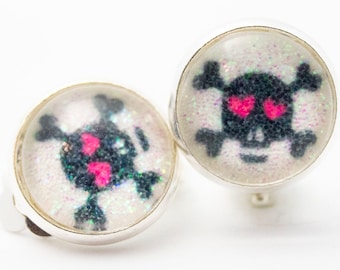 Earrings with real glitter - skull optional as clip, brisures and ear studs great gift for children and adults