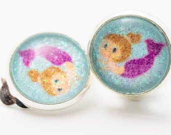 Earrings with real glitter - mermaid brown optional as clip, ear hooks and ear studs great gift for children and adults