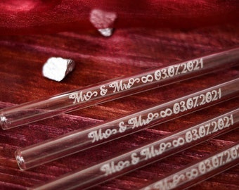 Mr & Mrs + Date Glass Drinking Straws Glass Straws Engraved 4 pcs.(3 Euro/pc.) Sustainable, Super Guest Gift for Wedding