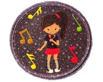 Paillettes - velcro - patch pour cartables - Chanteuse musique - personnalisable avec nom - aussi comme pendentif ou patch à repasser