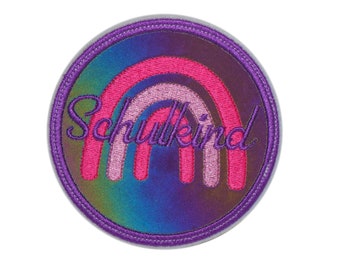 Reflektor - Klett - Patch Regenbogen für den Schulranzen oder Rucksack optional mit Namen | auch als Anhänger oder zum Aufbügeln | lila-pink