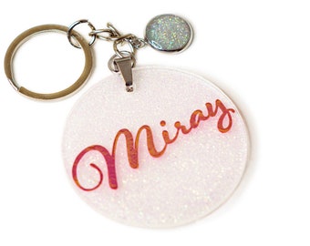 Keychain Personalized with Name - Glitter White Irideating - Great Gift - Pendant - Nursery Backpack and School Ranches