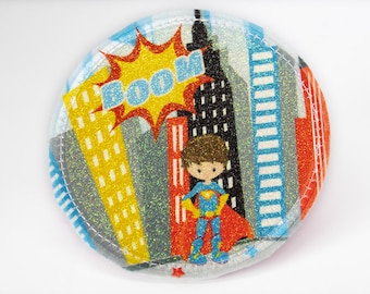 Glitter - Velcro - Patch for satchels - Superhero - customizable by name - also as a pendant or ironing patch