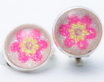 Earrings with real glitter - flower pink optional as clip, brisures and studs great gift for children and adults