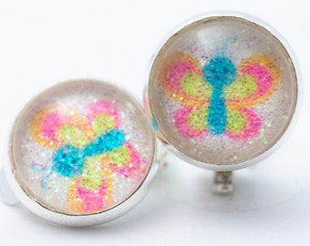 Earrings with real glitter - butterfly optional as clip, brisures and ear studs great gift for children and adults