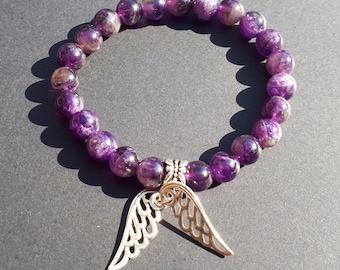 Angel Wings and Amethyst Bracelet, Silver and Purple Amethyst Beaded Bracelet for Women, Gift for her