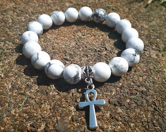 Bracciale Ankh e Howlite, Bracciale in Argento e Perline Bianche per Donne e Uomini, Regalo per Lui Regalo per Lei Gioiello Curativo Regalo Compleanno