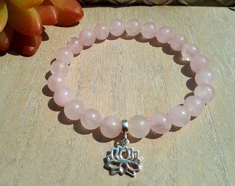 Sterling Silver Lotus and Rose Quartz Bracelet, Pink Beaded Bracelet for Women, Gift for her Healing Jewellery Present Birthday Xmas Gift