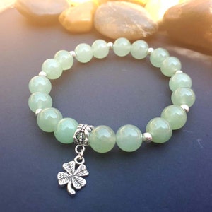 Four Leaf Clover and Aventurine Bracelet, Silver and Green Aventurine Beaded Bracelet for Women, Gift for her Healing Jewellery Present