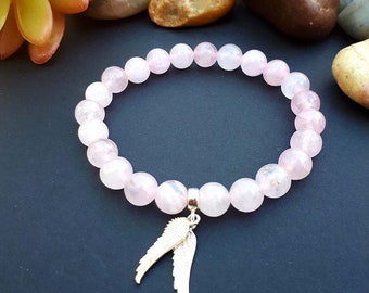 Pulsera de alas de ángel y cuarzo rosa en plata de ley, pulsera de cuentas rosas para mujer, regalo para ella, joyería curativa