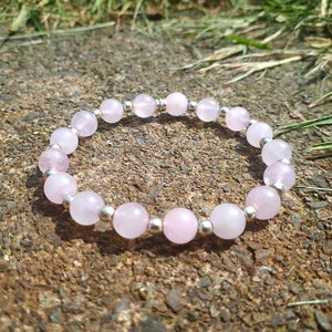 Rose Quartz and silver beads Bracelet, Pink Beaded Bracelet for Women, Gift for her Birthday Xmas Present, Healing Jewellery Gift