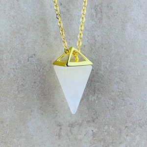 Quartz Pyramid Crystal Necklace, Gold and White Quartz Necklace for Women, Gift for Her Healing Spiritual Gift, Hippy Boho Present