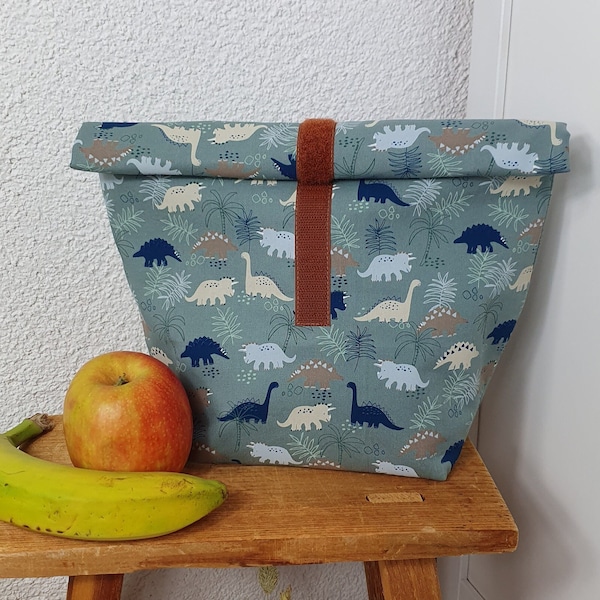 Lunchbag Kinder Lunchbeutel Wachstuch rolltop Beutel mit Klettverschluss mint Dinosaurier