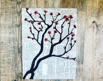 Original   Blossom Painting on Newspaper Japanese Cherry Blossom Painting ,Blossoms painting, Floral Painting, Cherry blossom painting,