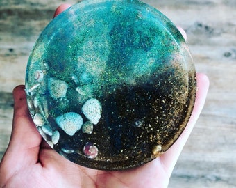 Ocean Side Bling Resin Coasters, Resin Art Resin Coaster / Coaster / Resin Petri Dish / Resin Petri Coaster / Handmade Coaster / Resin Art