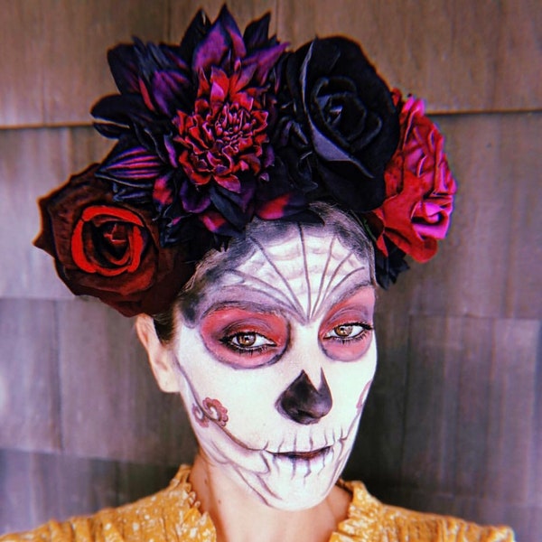 Frida Kahlo Flower Crown, Dia de los Muertos Fiesta Mexican Gothic Red Black Headband, Sugar Skull Headband, Day of the Dead Crown