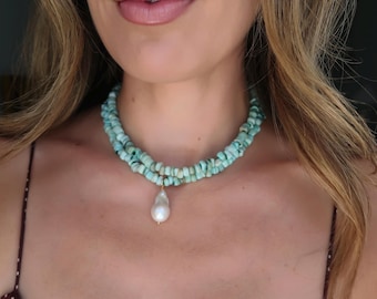 Turquoise Beaded Stacking Necklace with Pearl Drop, Aaua Blue Beaded Choker, Pearl Drop Necklace